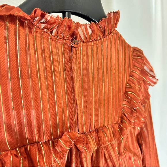Marie Oliver Estelle Blouse in Clay Metallic Gold Stripes. Silk. Ruffle Accents - Picture 4 of 10